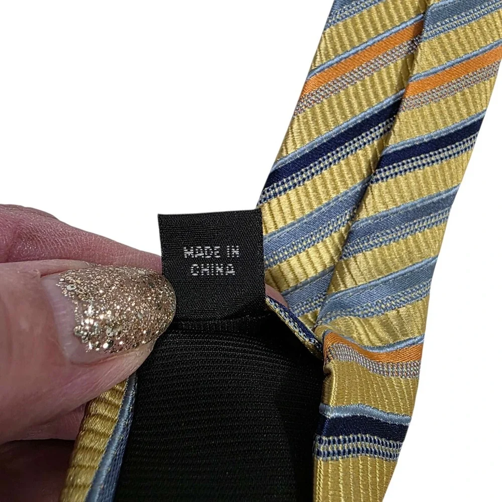 SCOTTY Z Palm Beach Silk Mens Yellow Blue Striped Necktie XL Hand Made Luxury‎